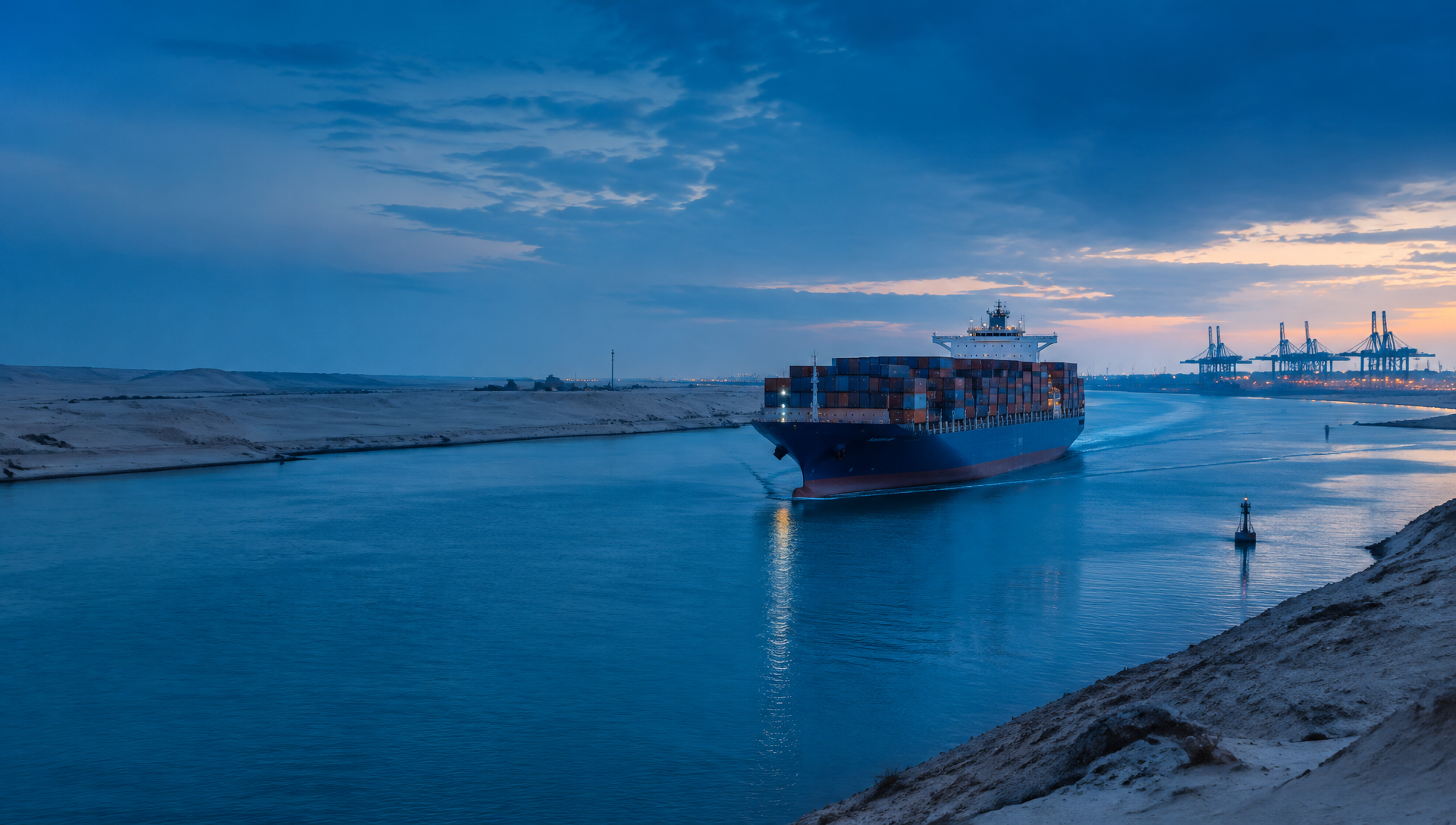 Container ship sailing through the Suez Canal at blue hour