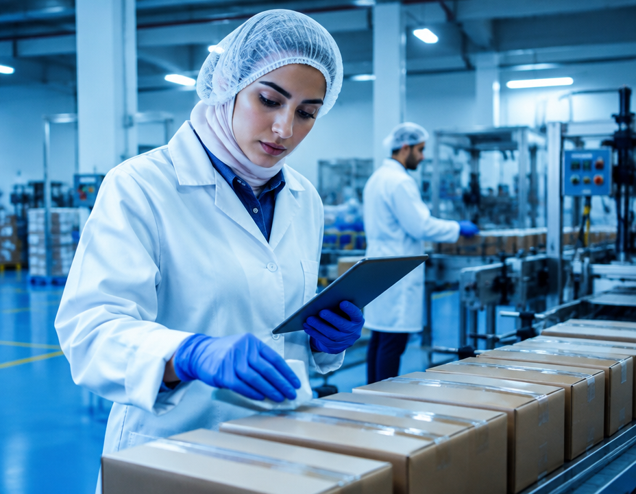 Quality inspector documenting cartons in a factory