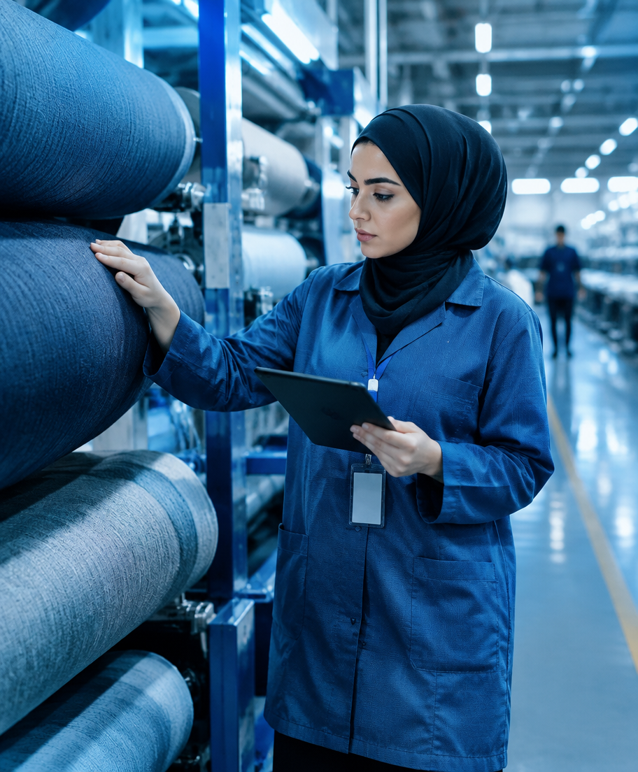 Female quality inspector checking textile rolls